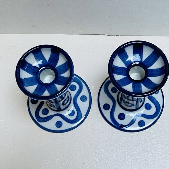 Vintage Dansk Arabesque Blue White Ceramic Candle Holders Set 2 Home Decor - Picture 4 of 9